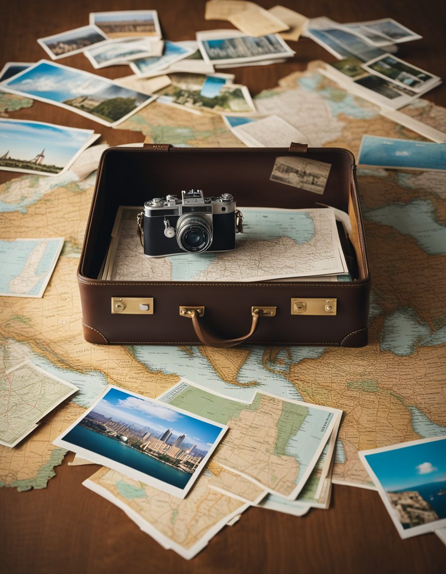 A vintage suitcase sits open, filled with postcards from iconic destinations. A map of the world is spread out on a table, surrounded by guidebooks and a camera