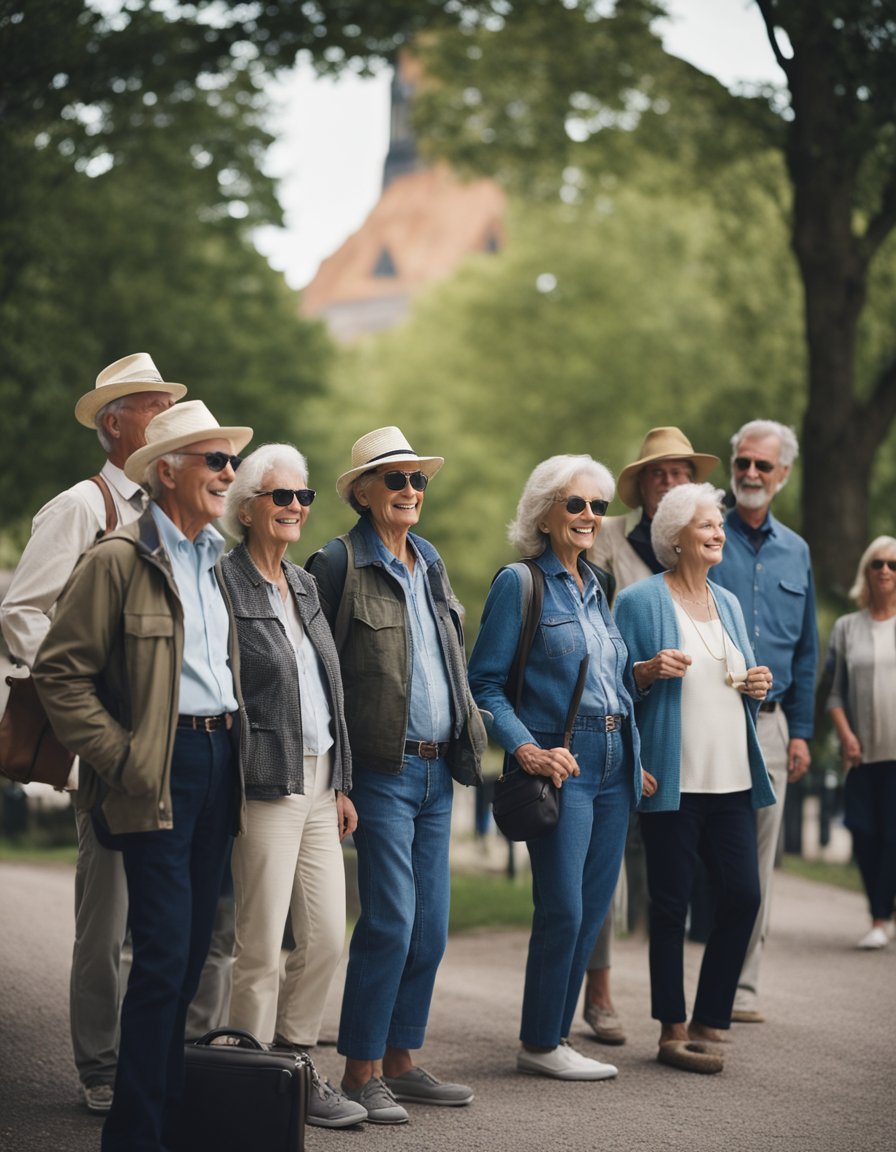 A group of Baby Boomers enjoy a scenic tour, taking in the sights and sounds of a bustling city or serene countryside
