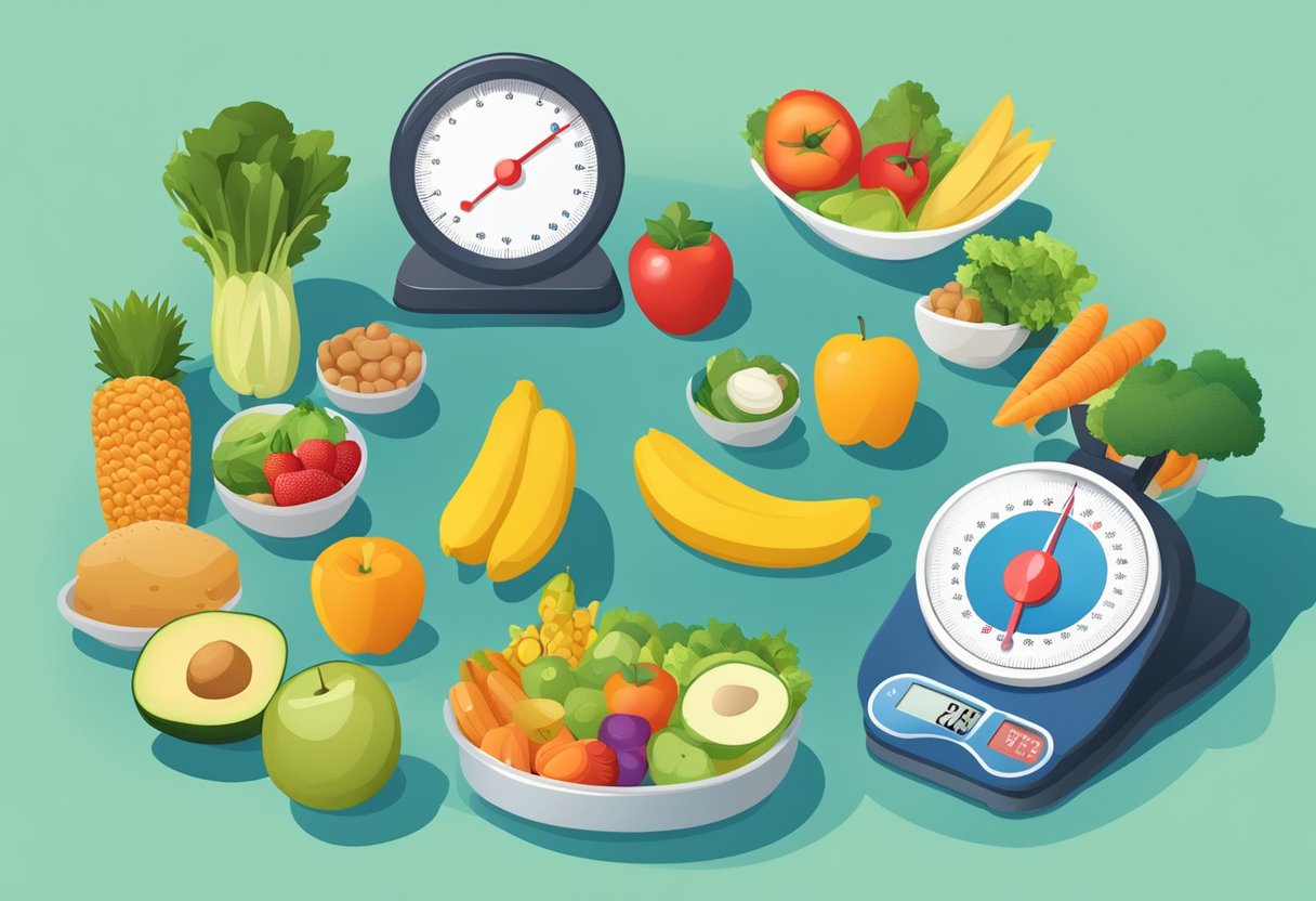 A scale surrounded by various healthy food items and exercise equipment