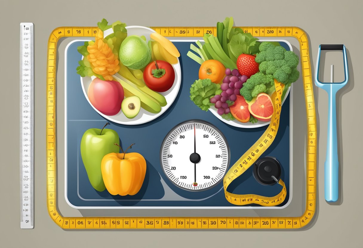 A scale with a measuring tape, healthy food, and exercise equipment on one side, and unhealthy food and a sedentary lifestyle on the other