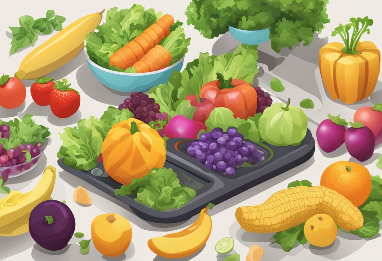 A table filled with colorful fruits, vegetables, and lean proteins. A measuring tape wrapped around a fresh salad. A scale displaying a decreasing number