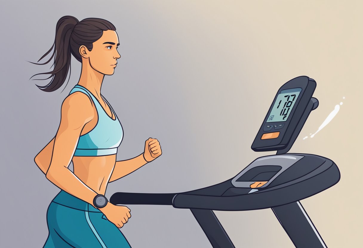 A person running on a treadmill, sweat dripping down their face, with a determined look. A weight scale in the background showing decreasing numbers