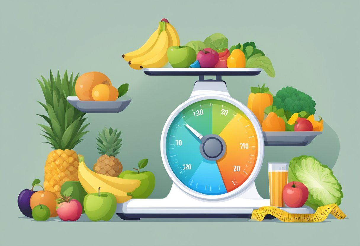 A scale with a decreasing number display, surrounded by healthy food and exercise equipment