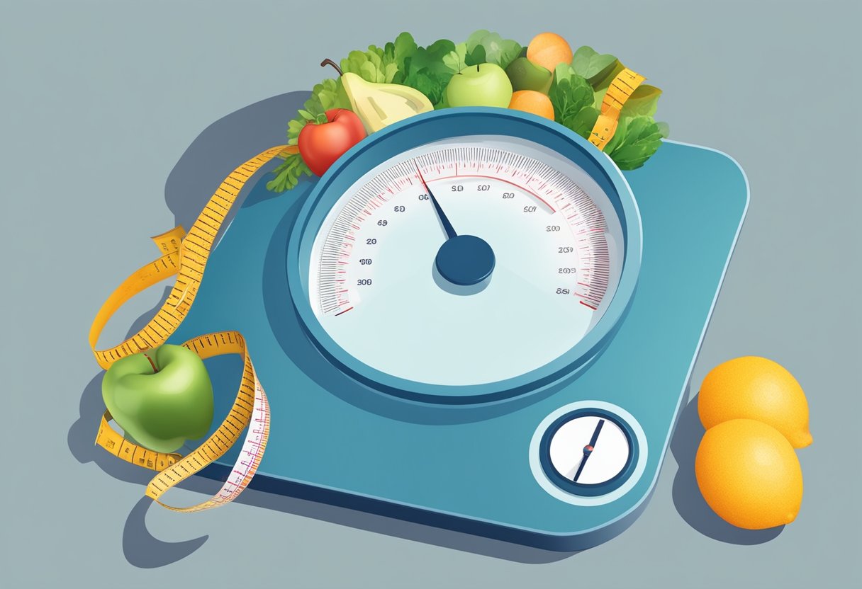 A scale surrounded by various factors influencing weight loss, such as healthy food, exercise equipment, and a tape measure