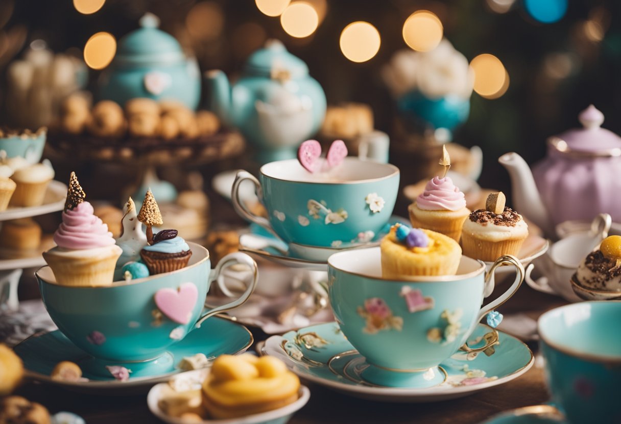 A whimsical tea party with oversized teacups and saucers, colorful pastries, and a towering cake adorned with playing cards and whimsical creatures
