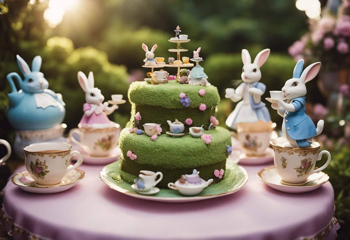 A whimsical tea party set in a magical garden with oversized teacups, playing cards, and a curious rabbit peeking out from behind a towering cake adorned with whimsical Alice in Wonderland characters