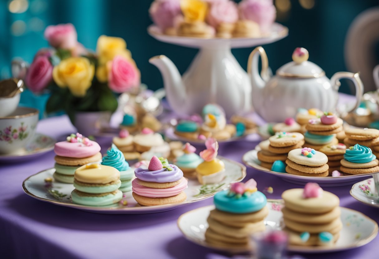 A whimsical tea party table set with Alice-inspired cookies and colorful desserts
