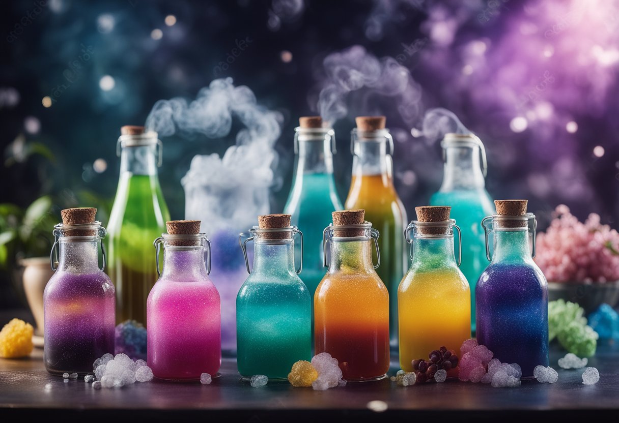 Colorful bottles and bubbling cauldrons of whimsical drink concoctions, surrounded by swirling clouds of magical mist and floating sugar crystals