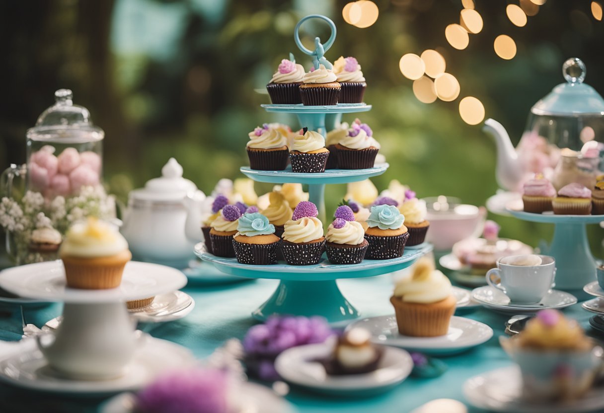A whimsical tea party table adorned with enchanting cupcake creations inspired by Alice in Wonderland