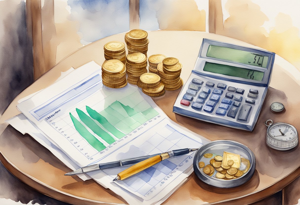 A table with financial documents and charts, a scale representing wealth, and a sign with "Accredited Investor" criteria