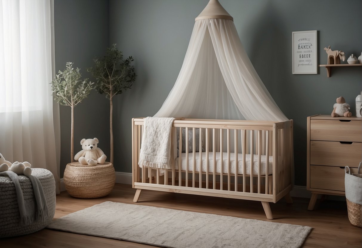 A cozy nursery with a crib and a gentle mist rising from a humidifier, creating a comfortable and soothing environment for a baby