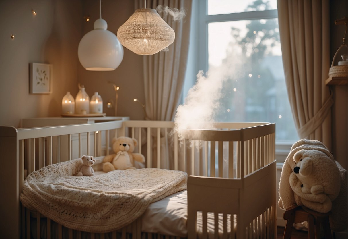 A cozy nursery with a crib and baby essentials. A humidifier sits on a dresser, emitting a gentle mist into the air