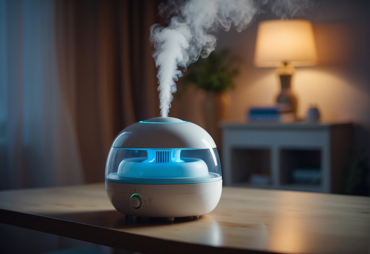 A humidifier emits steam in a baby's room