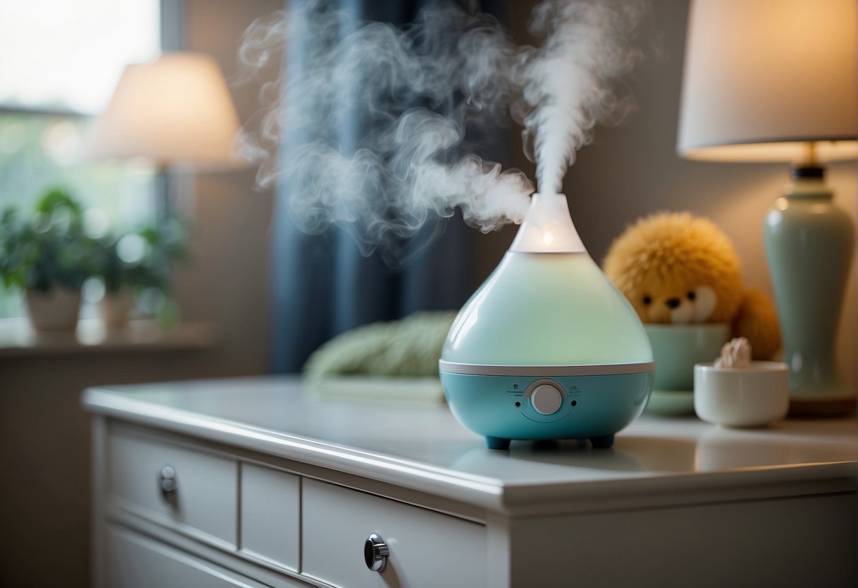 A humidifier sits on a dresser near a crib in a baby's room, emitting a fine mist to keep the air moist and comfortable for the sleeping infant