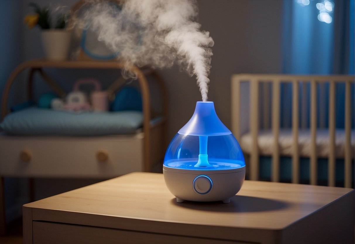 A humidifier sits on a dresser near a crib in a baby's room, dispersing moisture into the air to create a comfortable environment