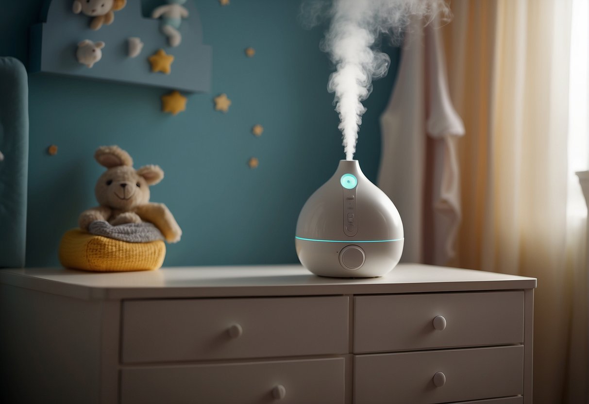 A humidifier sits on a dresser near a crib in a baby's room, dispersing moisture into the air for comfort and health