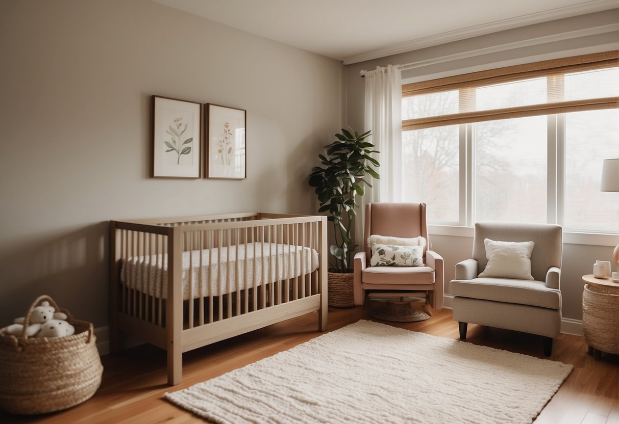A cozy nursery with a crib, changing table, and a small humidifier on a dresser. Soft light filters in through the window, creating a warm and peaceful atmosphere