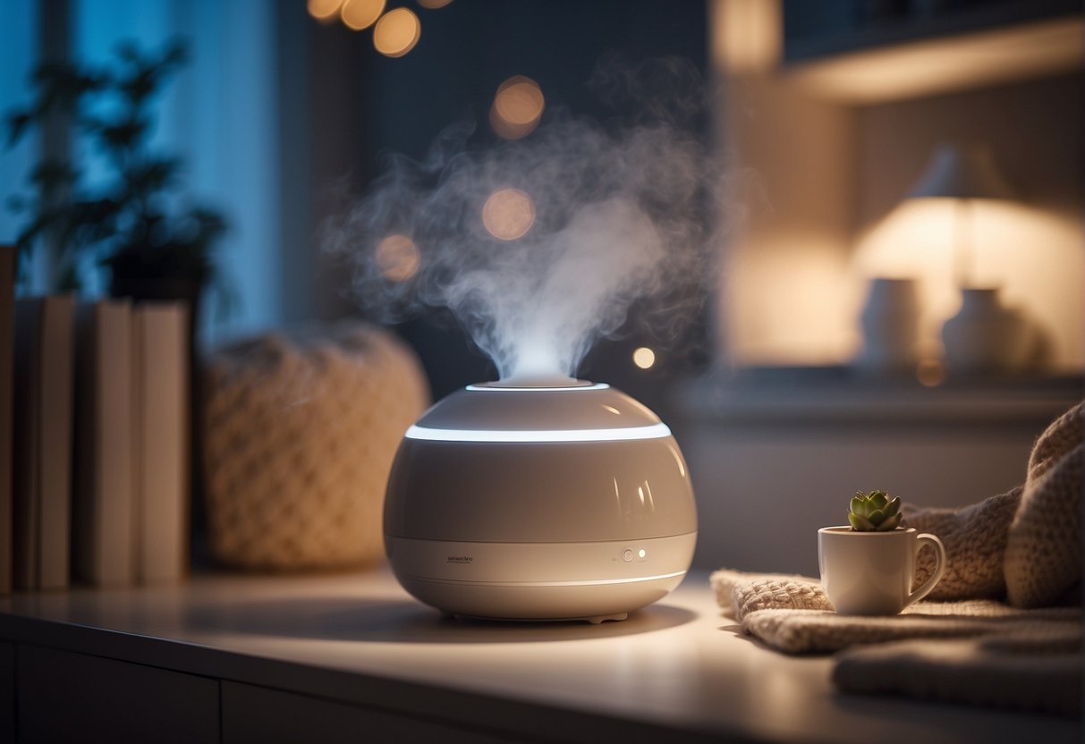 A cozy nursery with a gentle mist emanating from a sleek, modern humidifier. Soft, warm lighting creates a comforting atmosphere for a baby in the UK