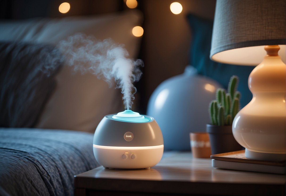 A baby humidifier sits on a nightstand, emitting a gentle mist. A small nursery is visible in the background, with soft, warm lighting