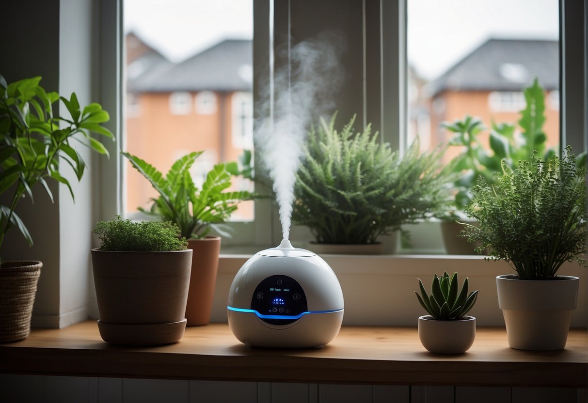 A baby's nursery with a humidifier, plants, and open windows to depict managing indoor air quality for health in the UK