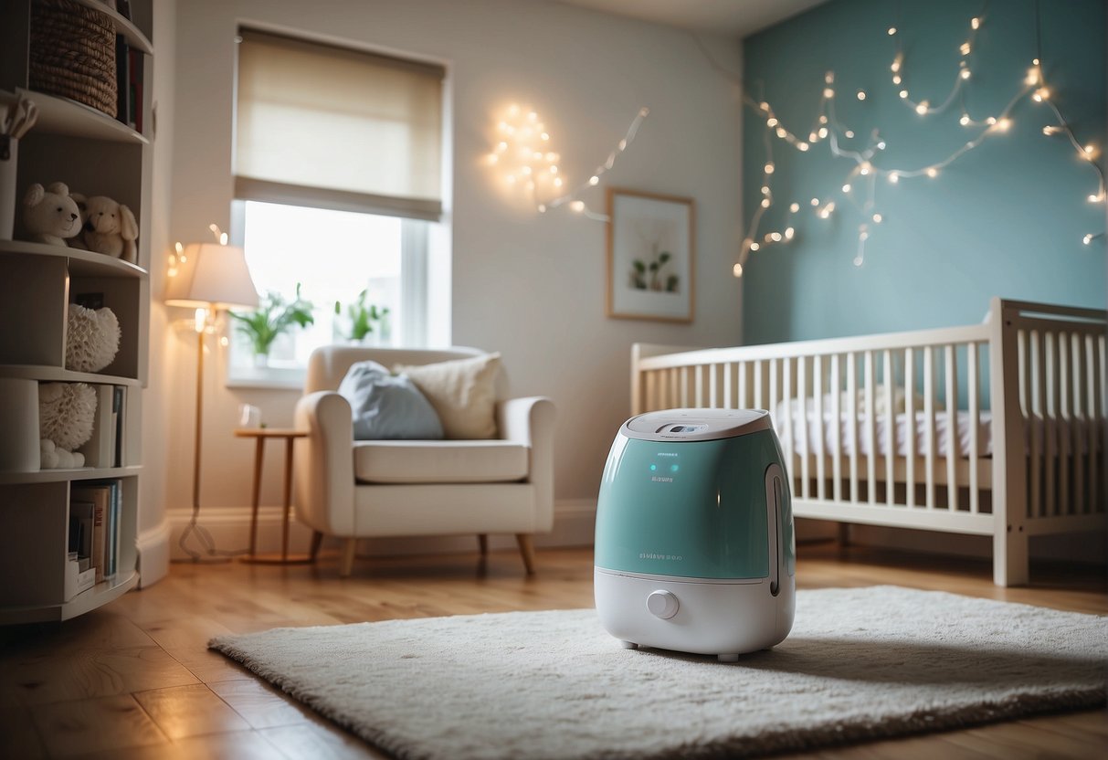 A baby's nursery with a humidifier on one side and a dehumidifier on the other, surrounded by soft, soothing colors and gentle lighting