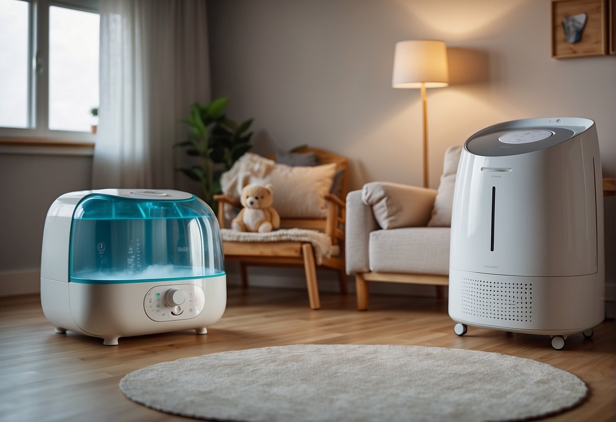 A baby's room with a humidifier and dehumidifier, showing balanced humidity levels