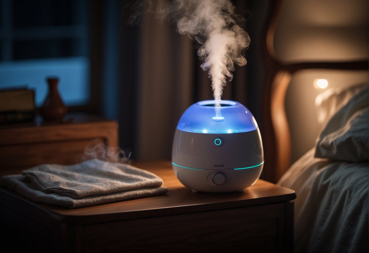 A humidifier sits on a nightstand, emitting a gentle mist that surrounds a crib in a dimly lit room
