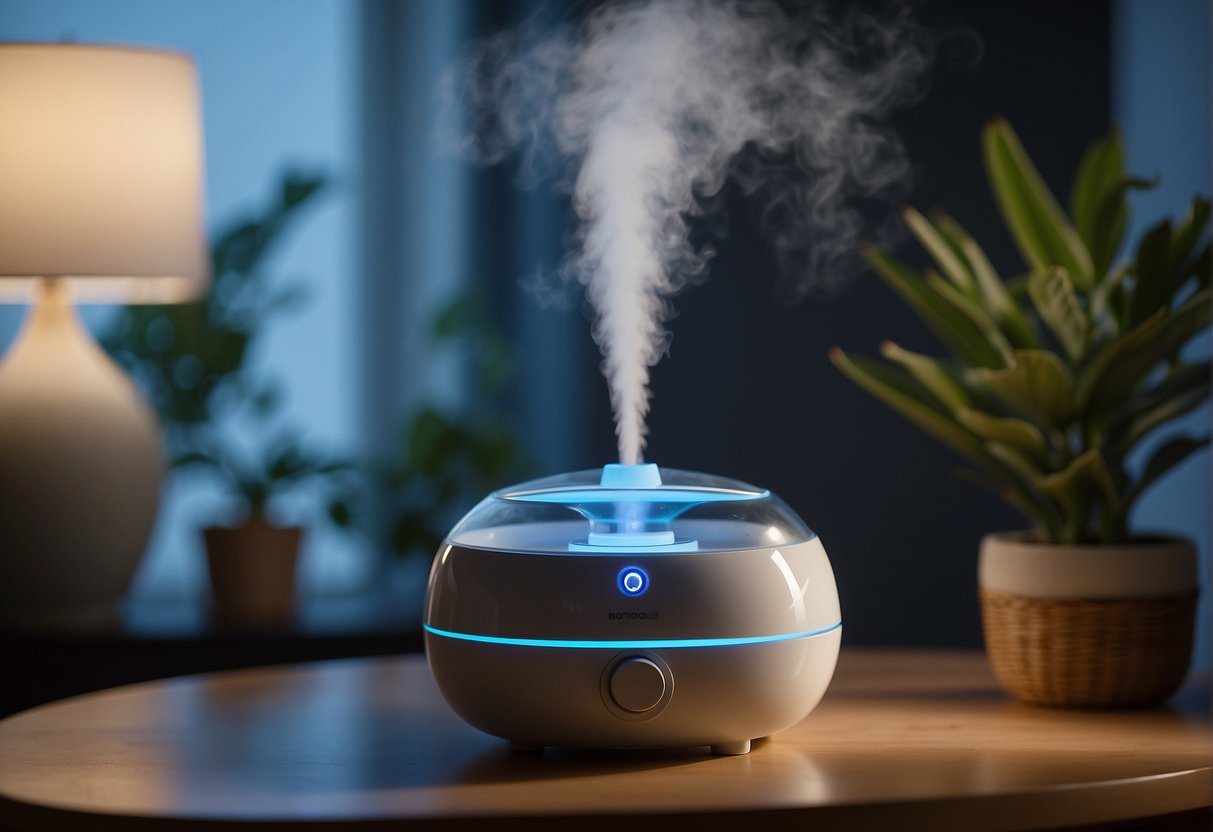A humidifier sits on a nightstand, emitting a gentle mist into the air. It is positioned at a safe distance from the baby's crib, ensuring optimal moisture levels for a peaceful night's sleep