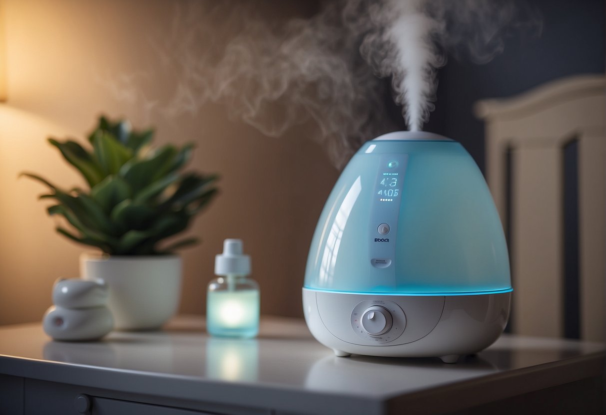 A humidifier sits on a nightstand near a baby's crib, emitting a gentle mist to keep the air moist and comfortable for the child's sleep