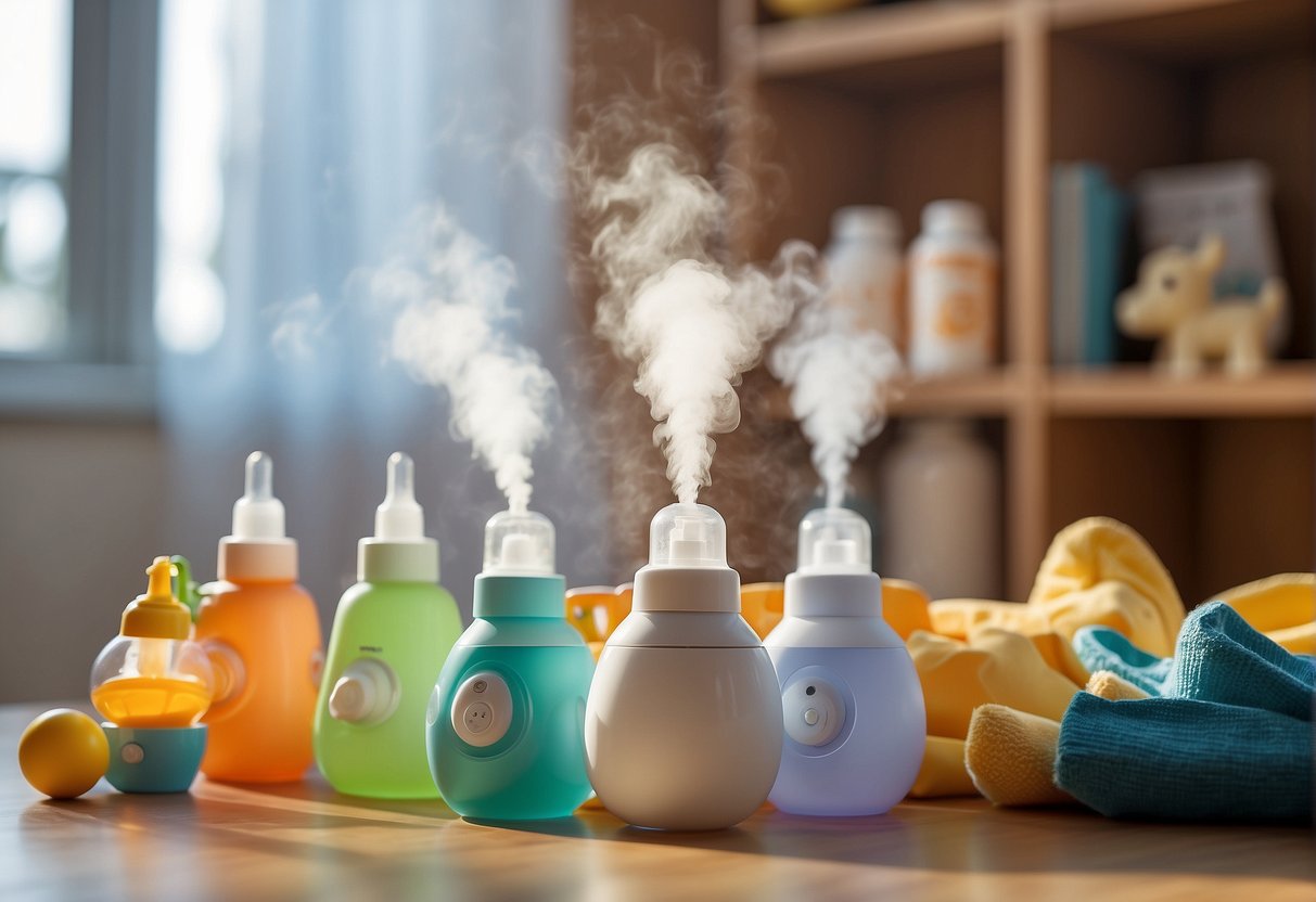 A baby's nursery with a humidifier emitting steam, surrounded by baby essentials like diapers, bottles, and toys