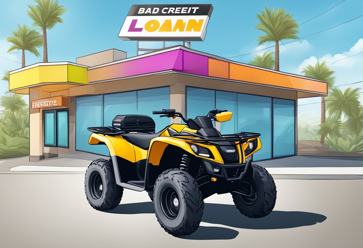 An ATV parked in front of a dealership with signs advertising bad credit financing options. Various loan and lease offers displayed on a board