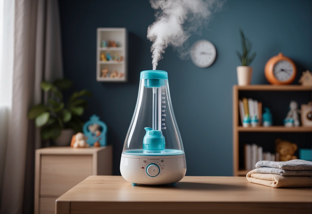 A baby's room with a humidifier, thermometer, and safety locks on cabinets