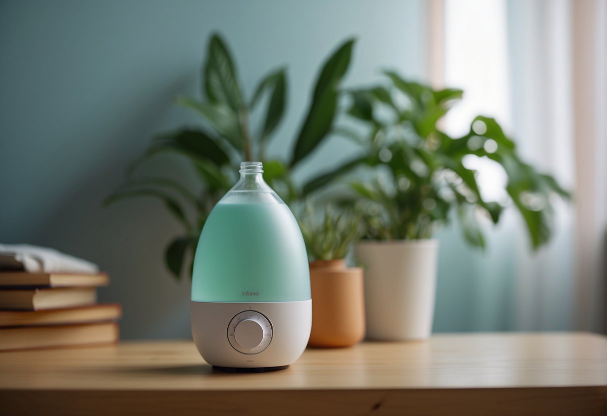 A soft, pastel-colored humidifier sits on a clean, clutter-free nursery table. A small bottle of distilled water and a gentle cleaning cloth are nearby