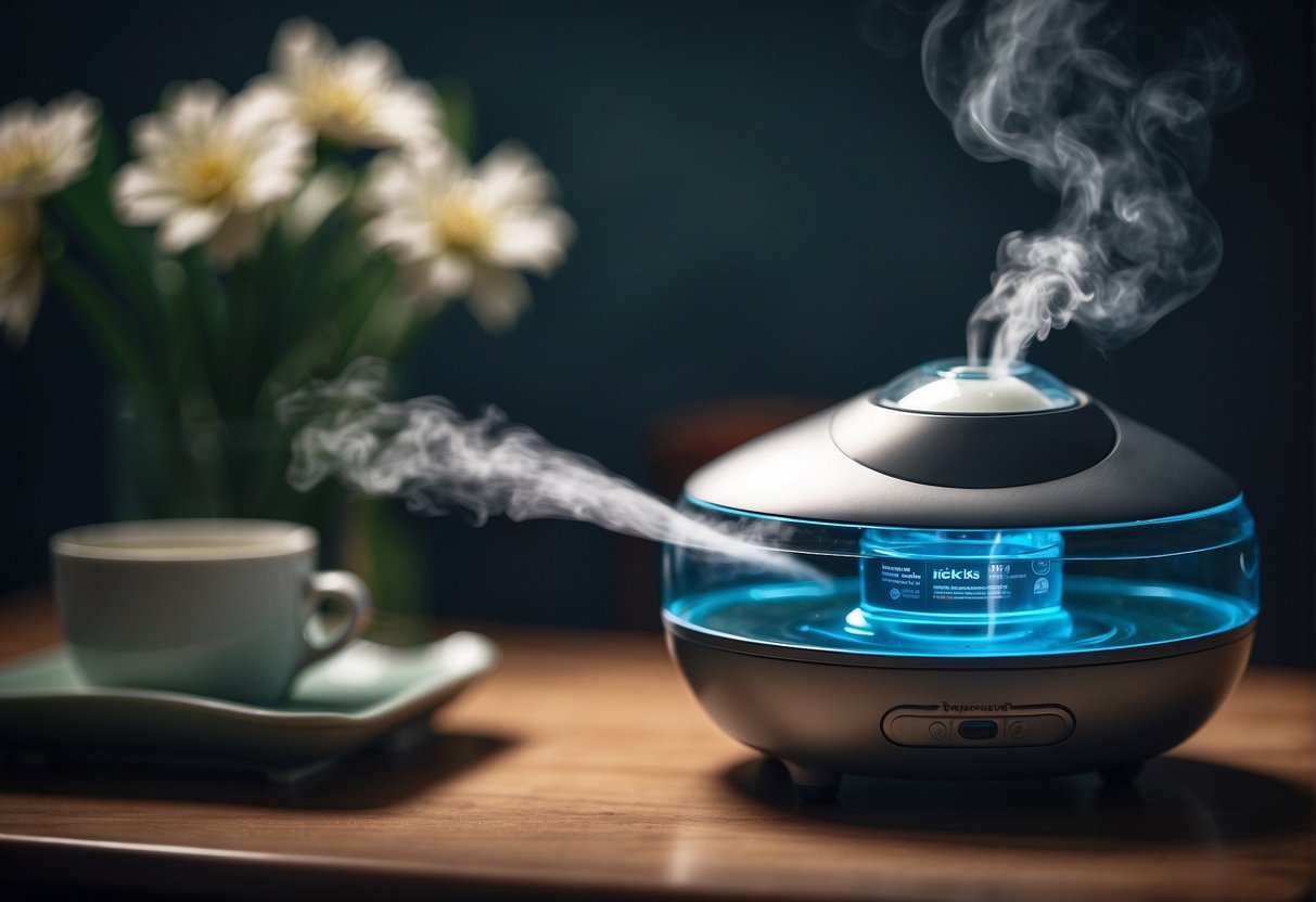 A humidifier emits vapor. Vicks VapoRub is added