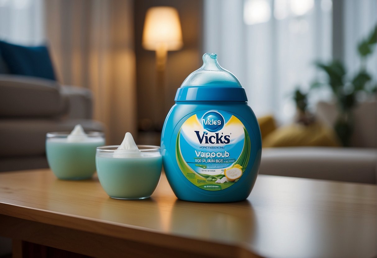 Vicks VapoRub being poured into a humidifier, with a baby's room in the background