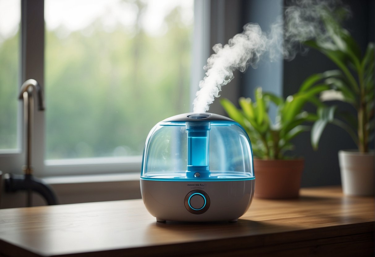 A baby humidifier sits on a clean, flat surface. A faucet runs as tap water fills the humidifier's reservoir. Safety stickers are visible on the humidifier