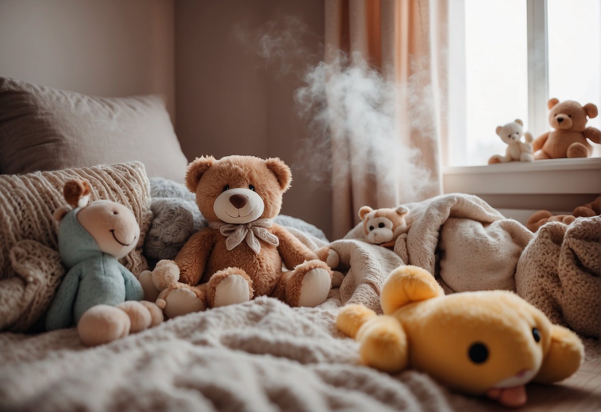 A cozy nursery with a humidifier emitting a gentle mist, surrounded by soft blankets and stuffed animals