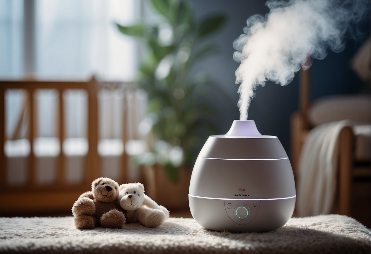 A newborn's nursery with a humidifier emitting a gentle mist, creating a comfortable and soothing environment for the baby's respiratory system