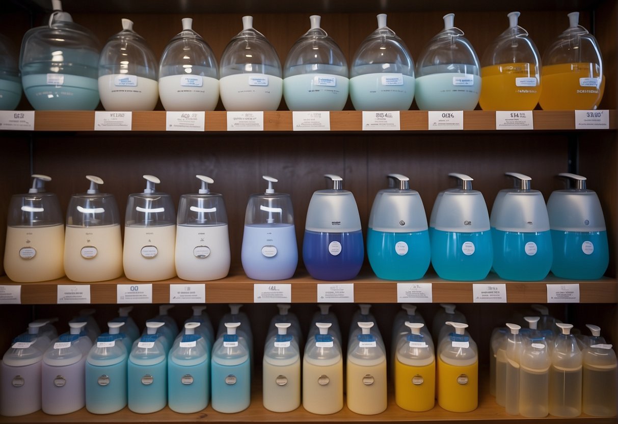 A variety of humidifiers sit on a store shelf, with labels indicating suitability for newborns. A parent looks at options, considering the best choice