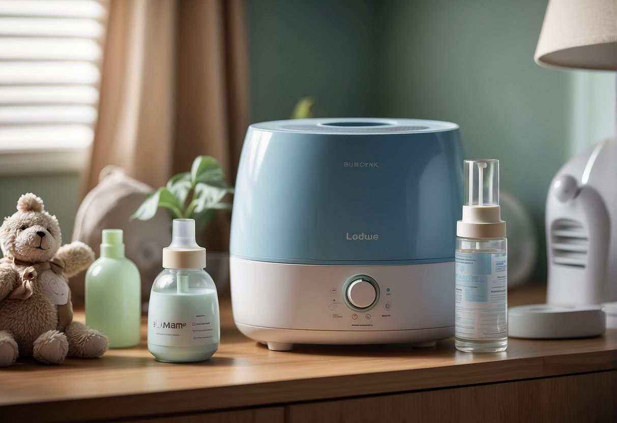 A humidifier sits on a clean, clutter-free nursery dresser with a baby monitor nearby. A safety pamphlet and maintenance instructions are displayed next to it