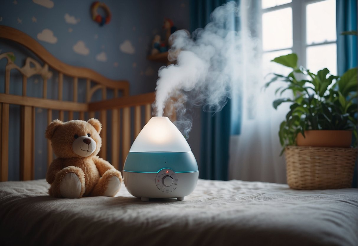 A humidifier releasing steam into a dimly lit nursery, with a crib and a stuffed animal in the background