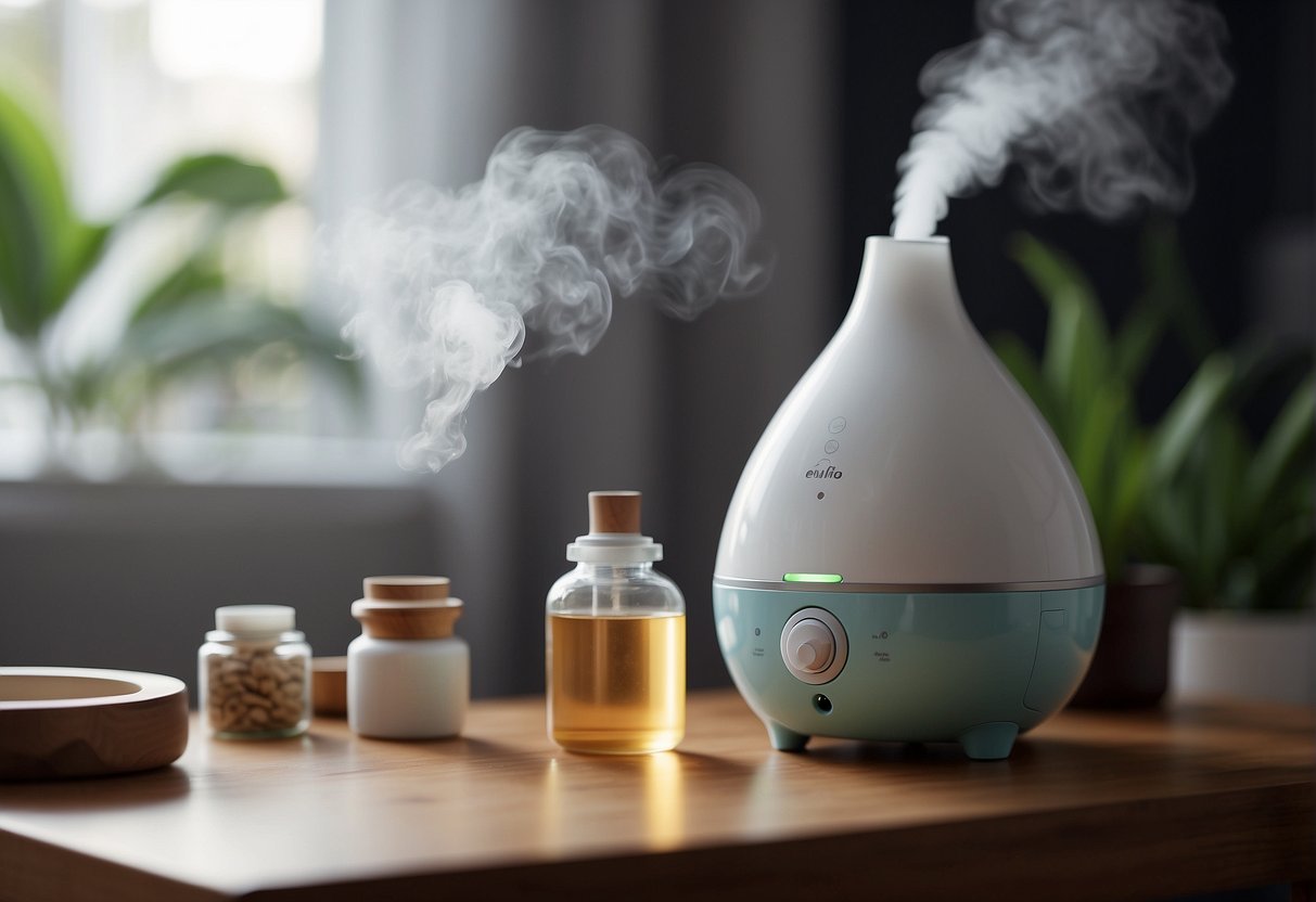 A humidifier emits steam in a baby's room. A bottle of essential oils sits nearby