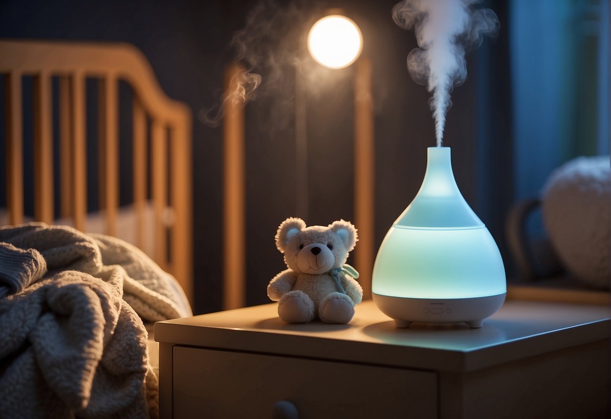 A baby's nursery with a humidifier on a nightstand, emitting a soft mist. Baby's crib and toys are visible, creating a cozy and comforting atmosphere