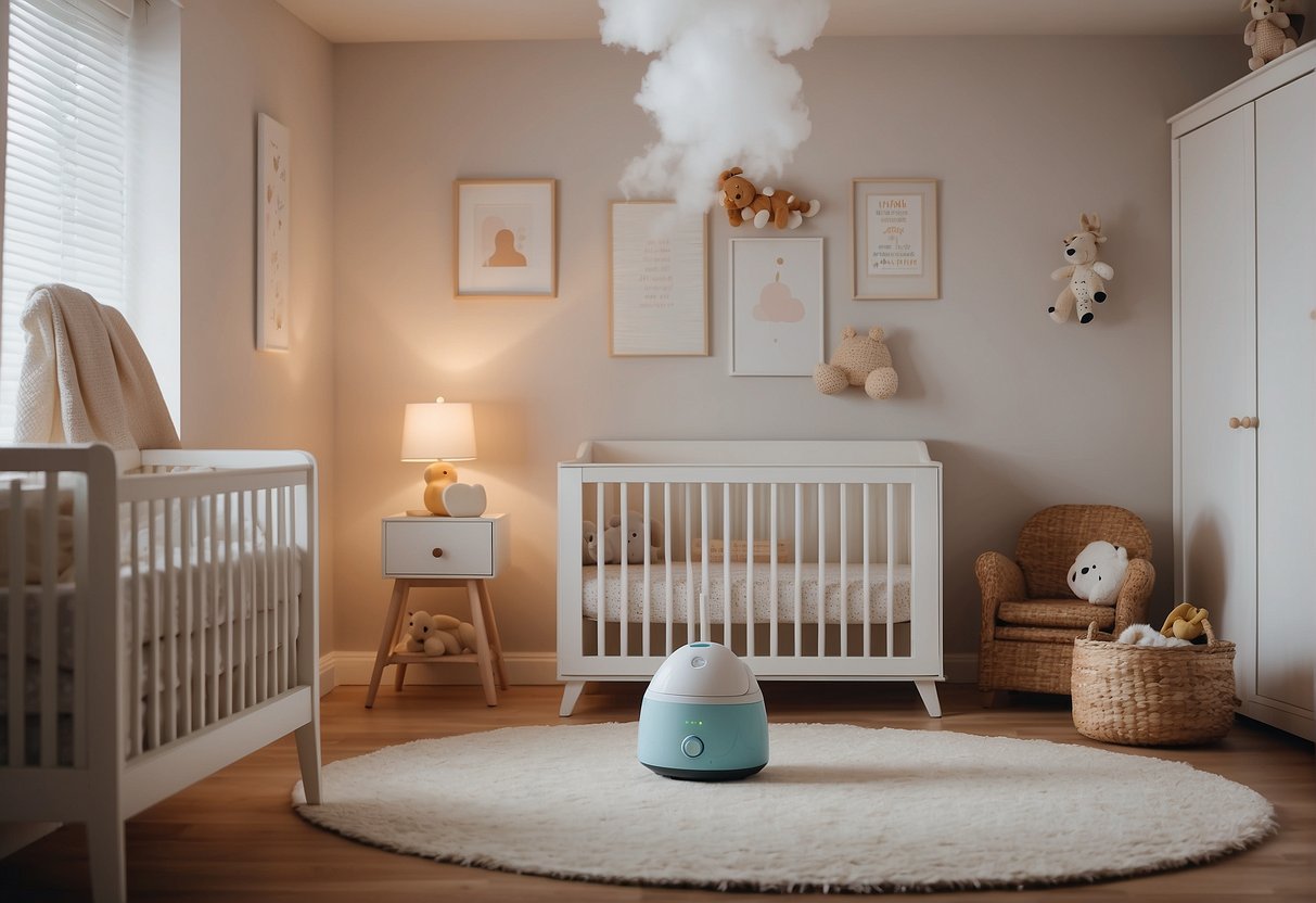 A baby's room with a humidifier running, surrounded by clean and organized baby items