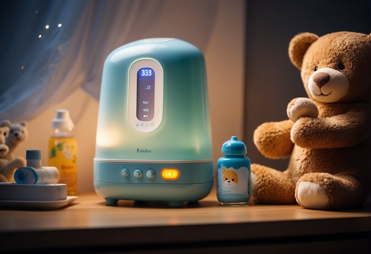 A toddler's room with a small, quiet humidifier emitting cool mist. A stuffed animal and a bottle of children's cough syrup on the bedside table