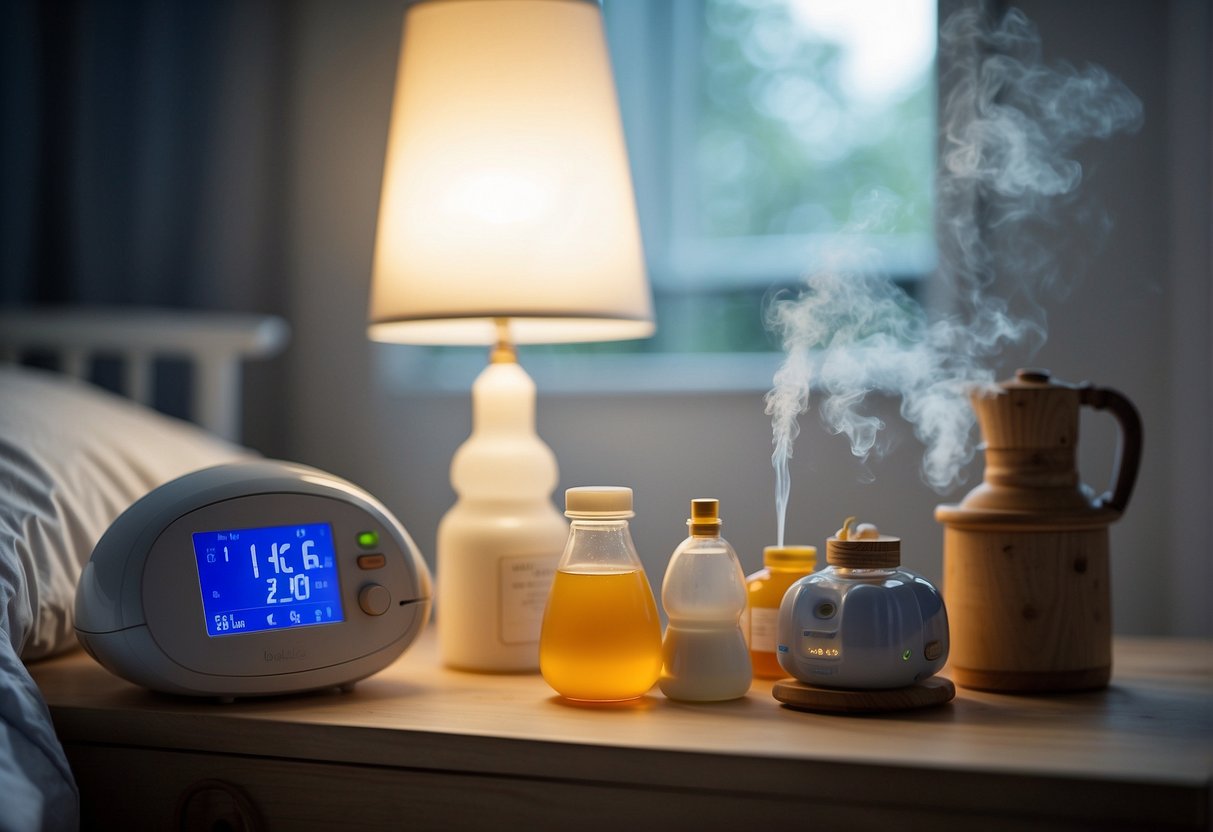 A toddler's room with a humidifier on a bedside table, emitting a gentle mist. A cough syrup bottle and a thermometer are also visible on the table