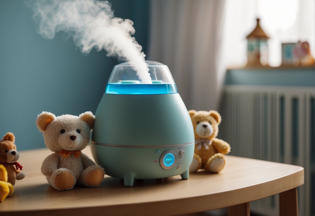 A humidifier emits steam in a baby's nursery. The device sits on a dresser, surrounded by soft toys and a crib