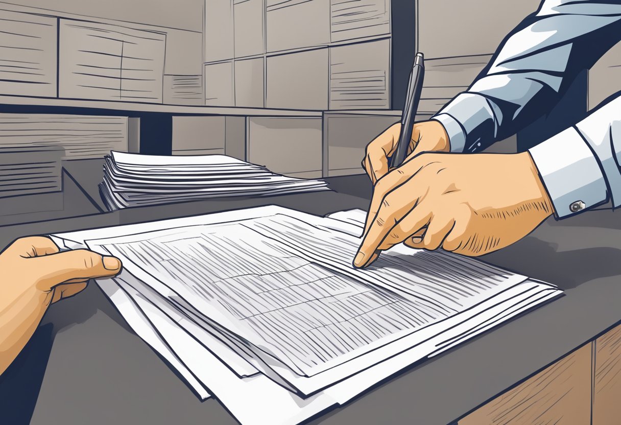 A process server carefully selects legal documents in a Los Angeles or Orange County office, ensuring reliability
