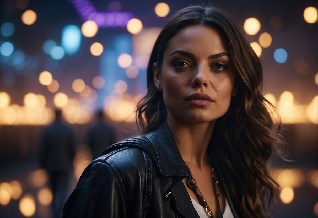 Mila Kunis emerges in a digital realm, surrounded by glowing NFTs on the Solana blockchain