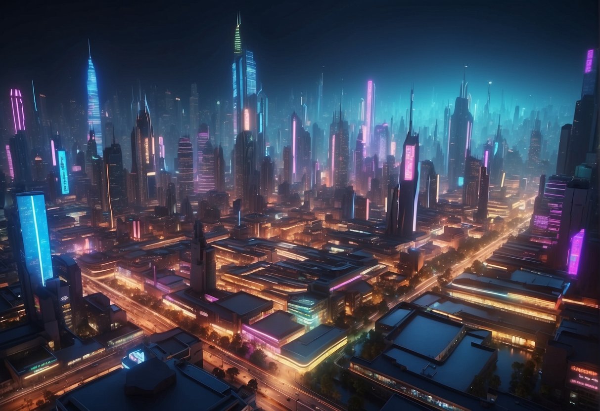 A futuristic cityscape with neon lights and holographic displays, showcasing the digital artwork of Mila Solana's NFT collection "The Gimmicks."